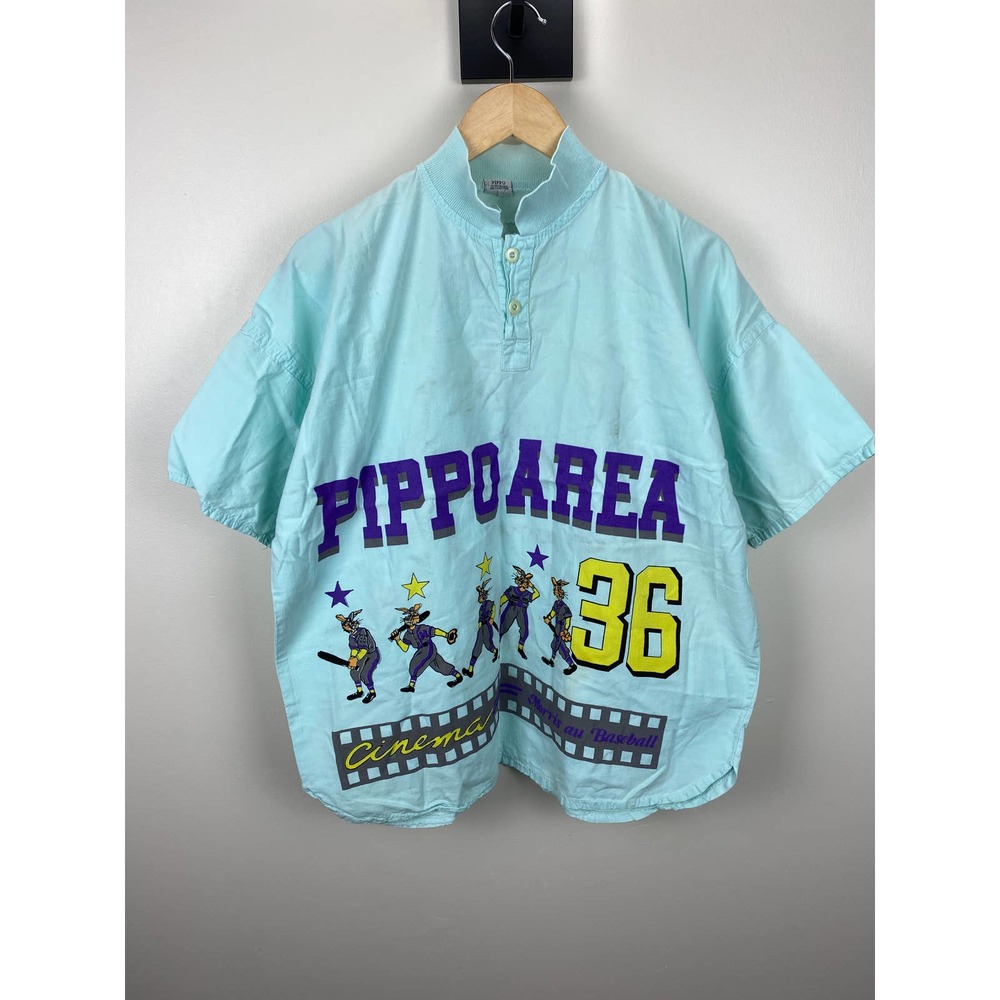 80s Pippo New York Paris Baseball Bunnies Blue Button Up Shirt - L